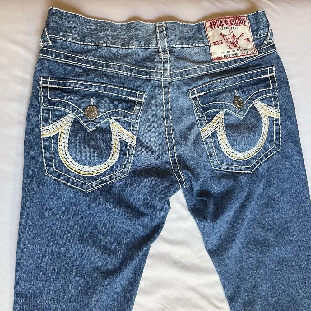 True Religion Billy Super T Jeans Mens Tag 34 (36x35) Bootcut USA White Stitch